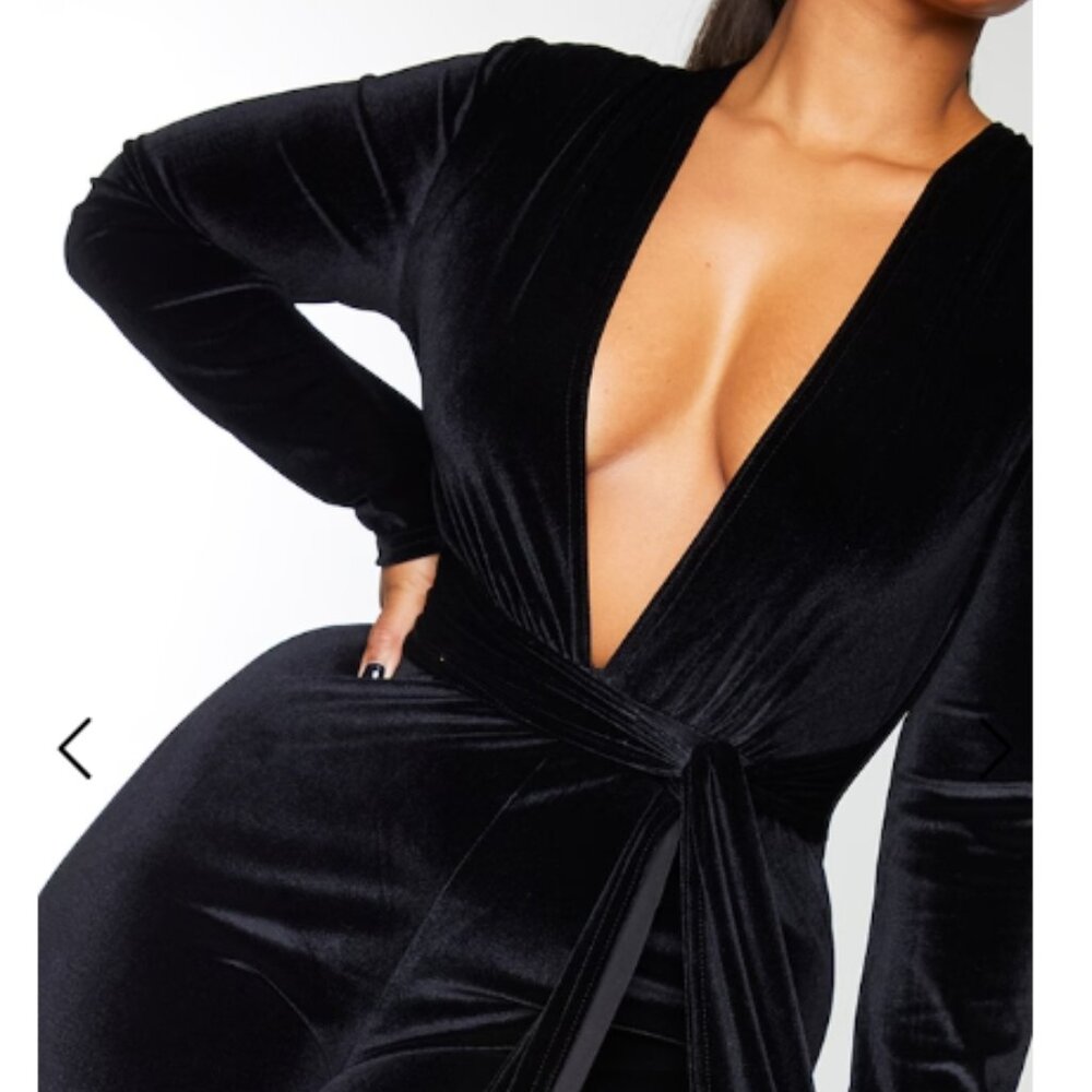 Plus Black Velvet Deep Plunge Tie Waist Jumpsuit